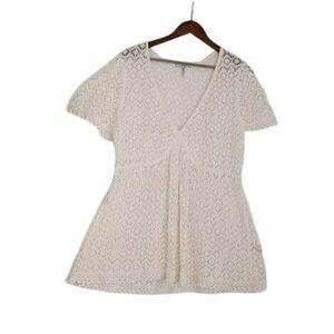 Metro 7‎  100% Cotton M/L White Crochet Knit Peplum V-Neck Top Short Sleeve
